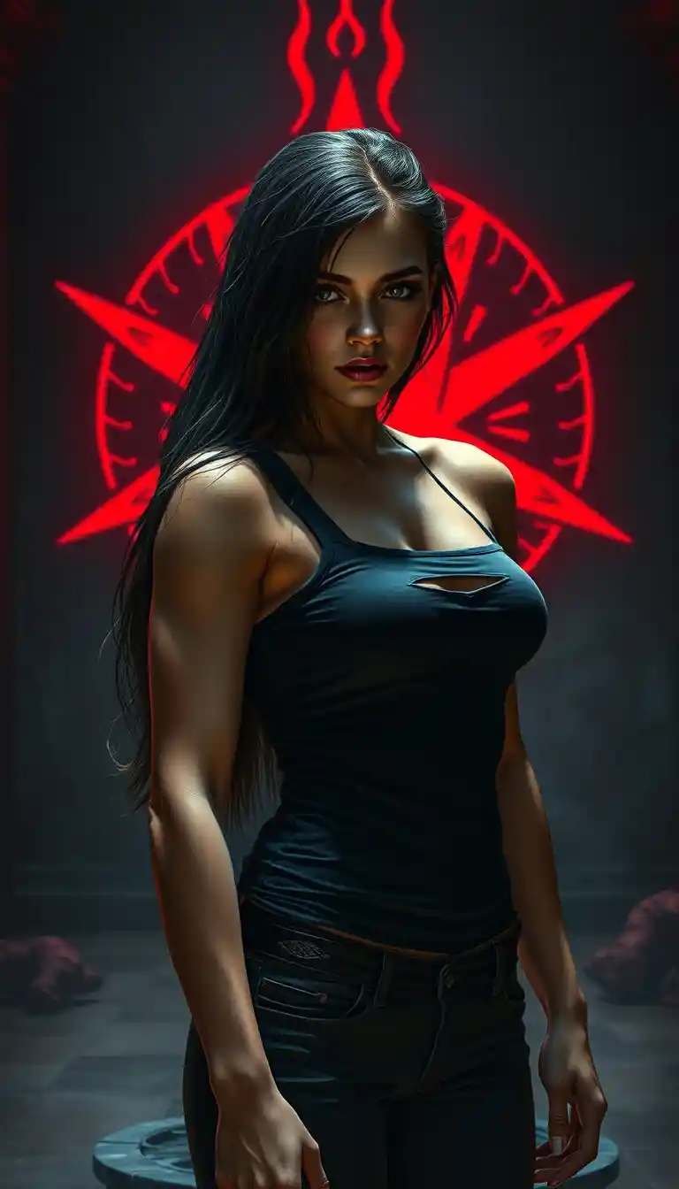 Strong young woman in front of glowing red wall