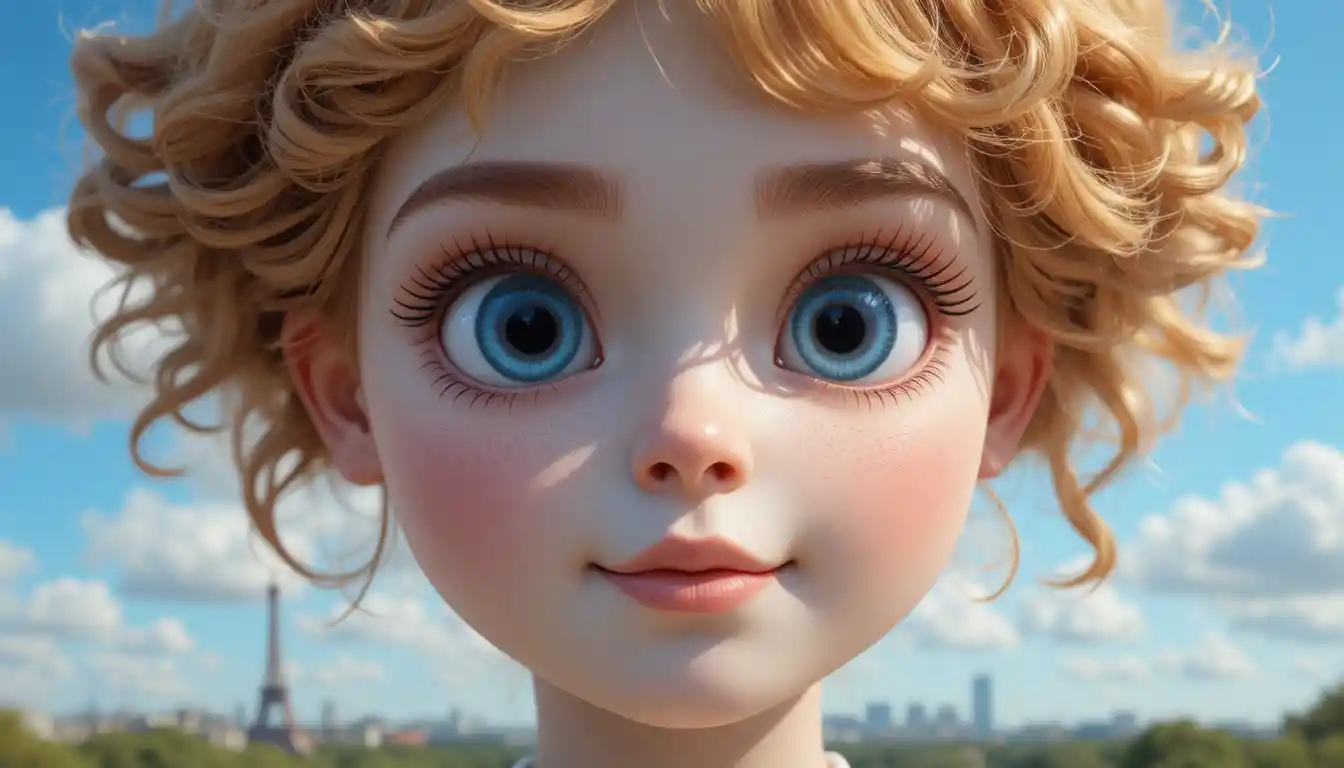 Bambina bambola di cotone riccia davanti alla Torre Eiffel e cielo blu