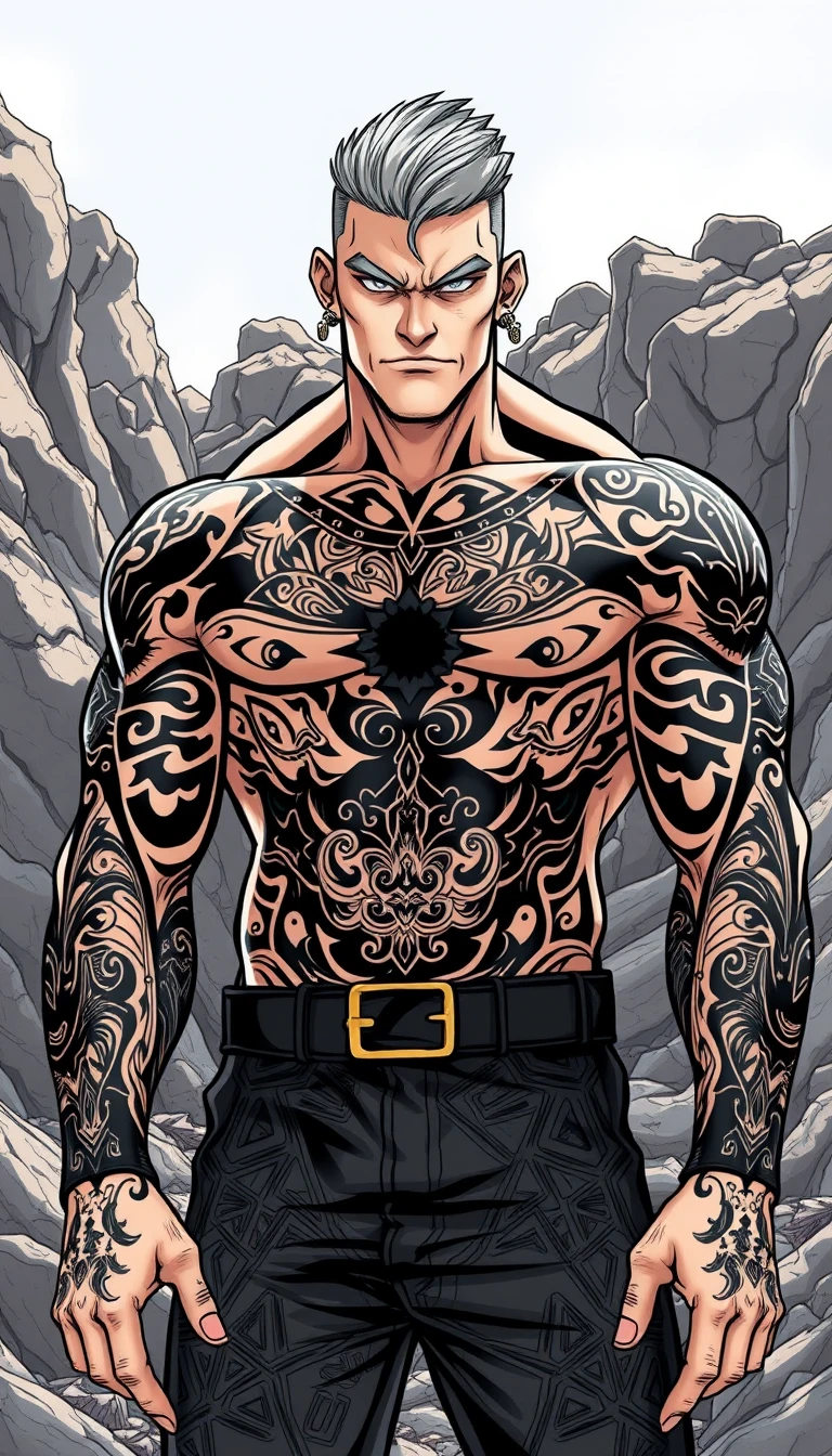 Tattooed muscular man in rocky sunlight landscape