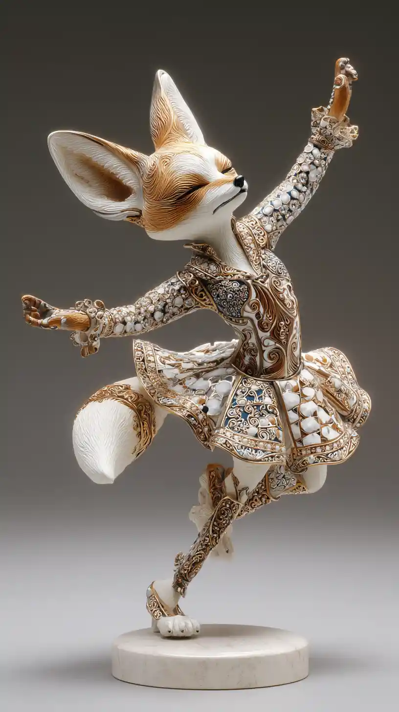 Elegant dancing fennec fox figurine in ornate costume