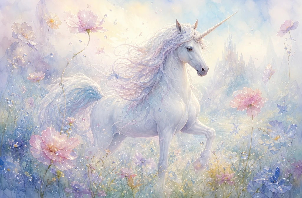 Dreamy watercolor unicorn in a misty enchanted meadow