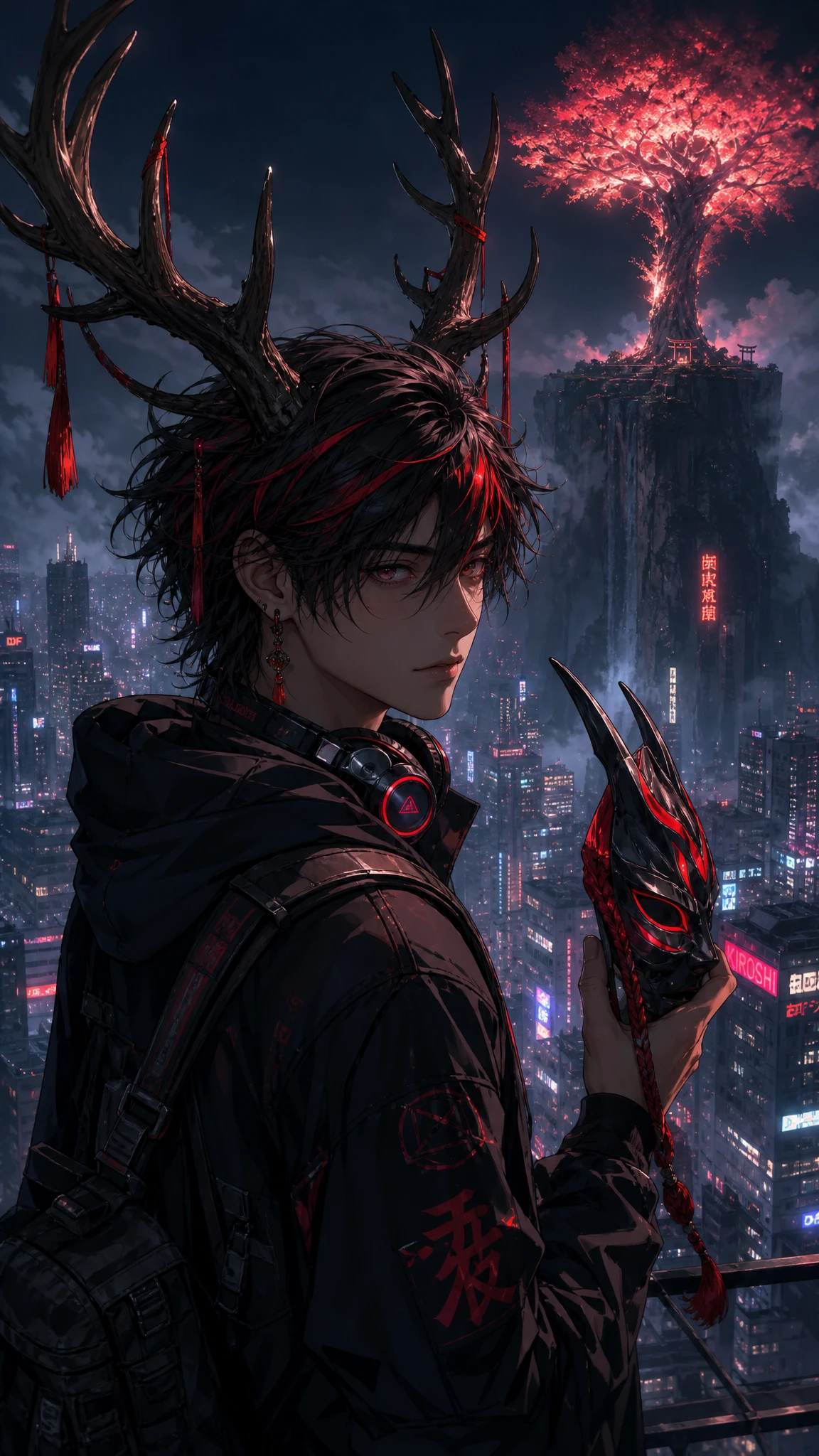 Antlered anime man on a platform in cyberpunk night