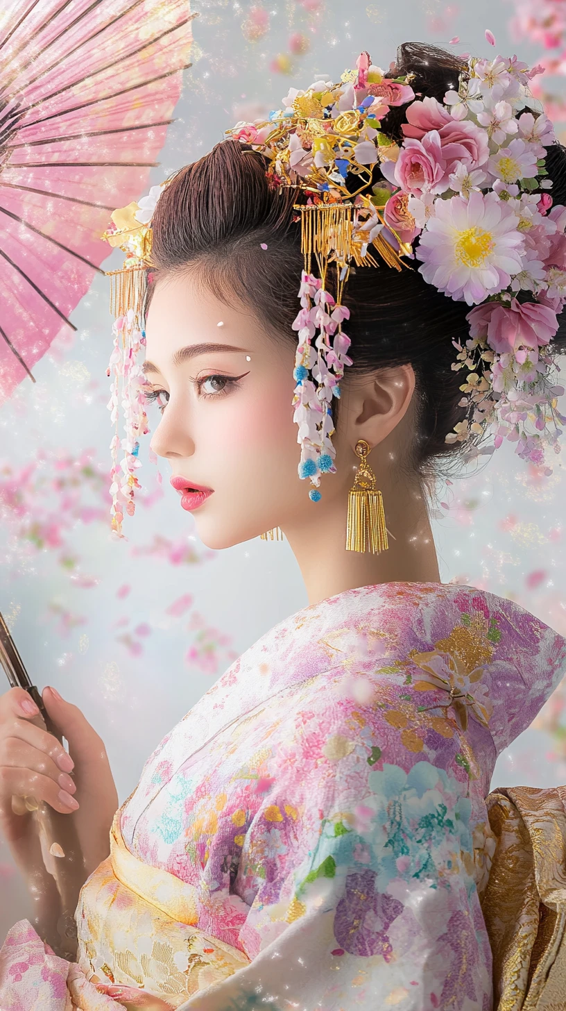 Elegant Japanese woman in floral kimono with cherry blossoms