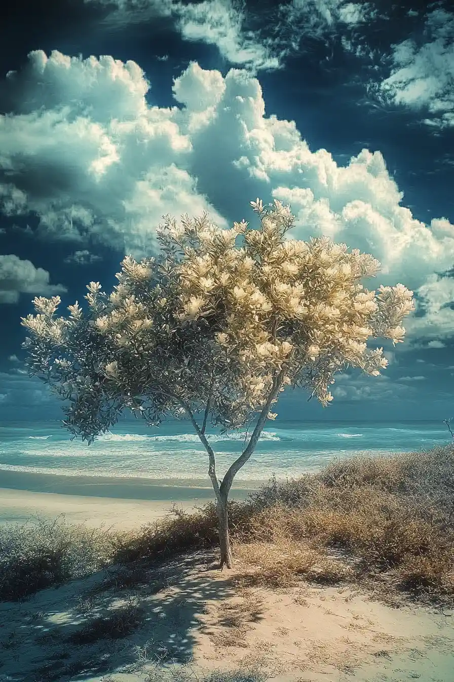 Surreal dreamscape with a myrtle plant by the beach