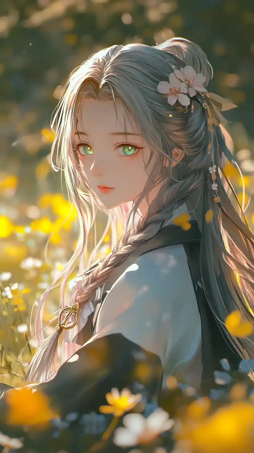 Anime girl in a yellow flower field at golden hour