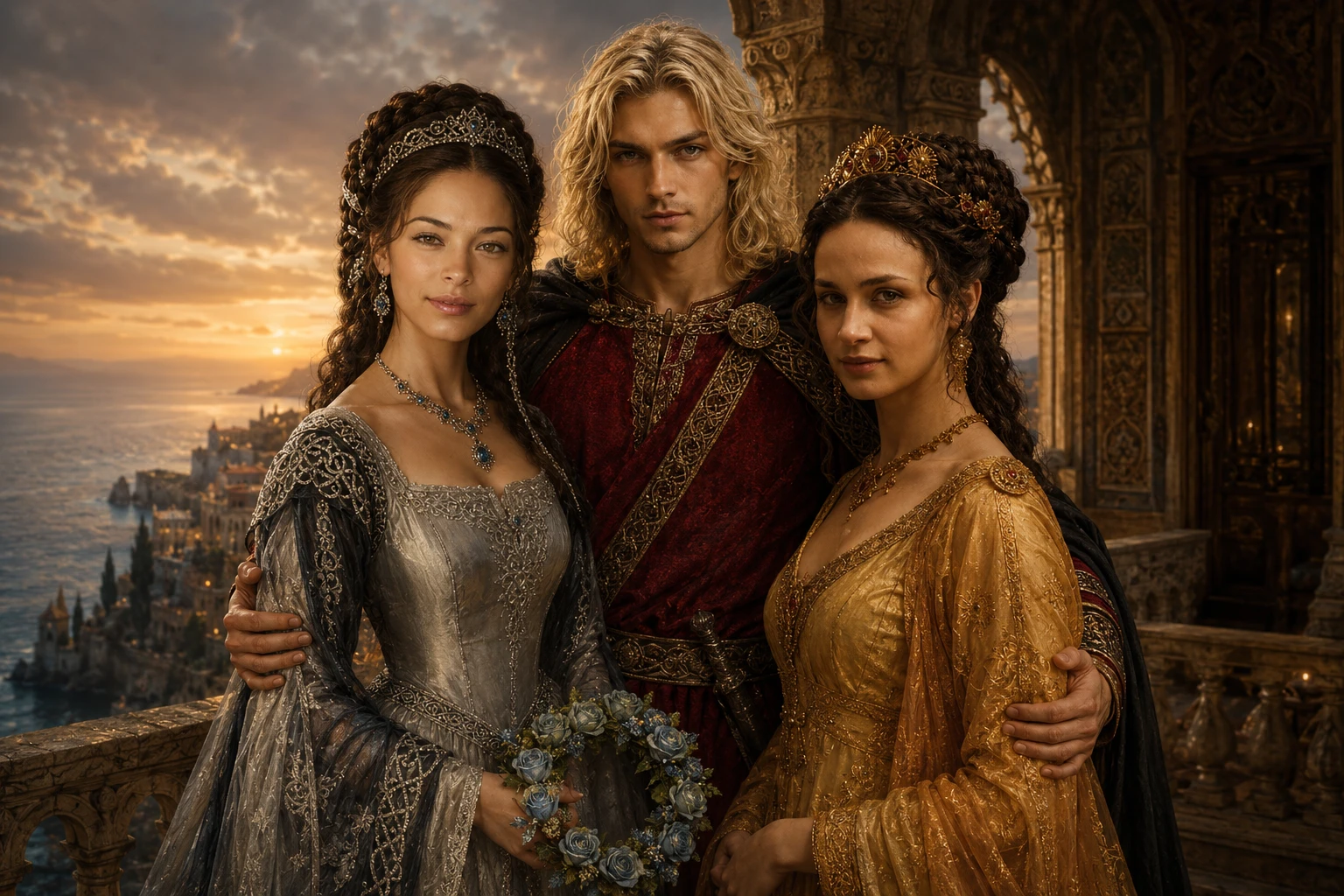 Royal trio on a stone balcony at seaside sunset