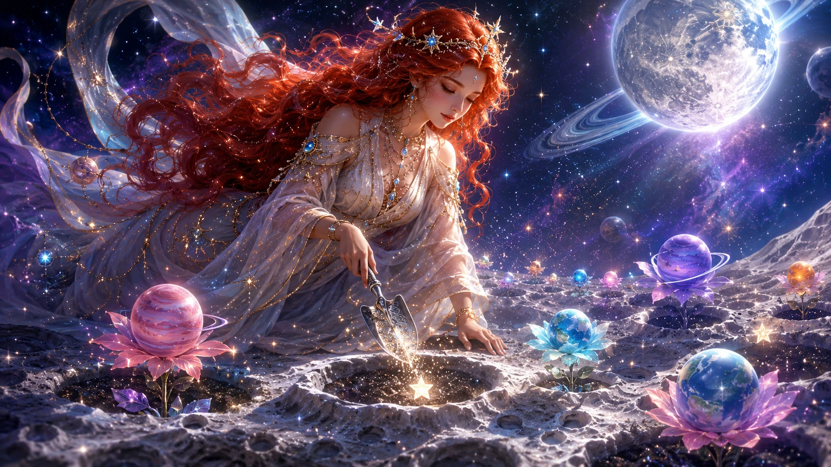 Ethereal Goddess Planting Stars In A Magical Lunar Garden