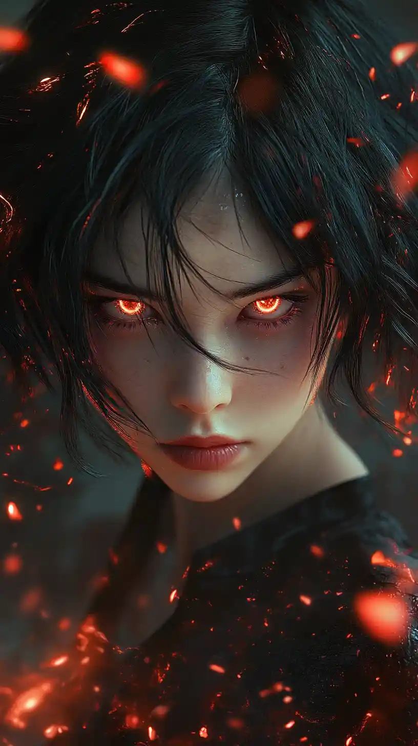 Anime girl with glowing red eyes in dark petals