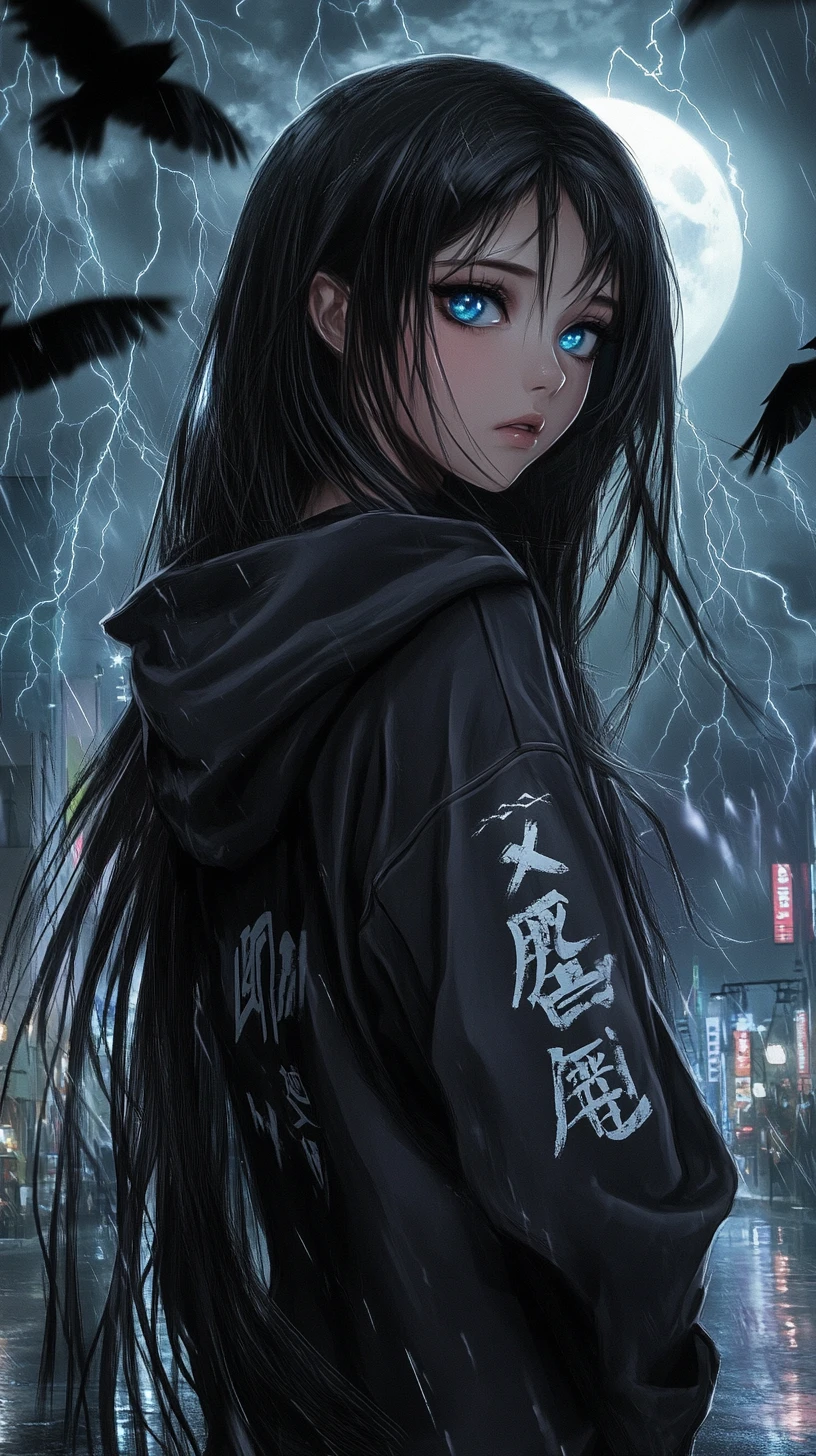 Anime girl in techwear under a neon lit moonlit city
