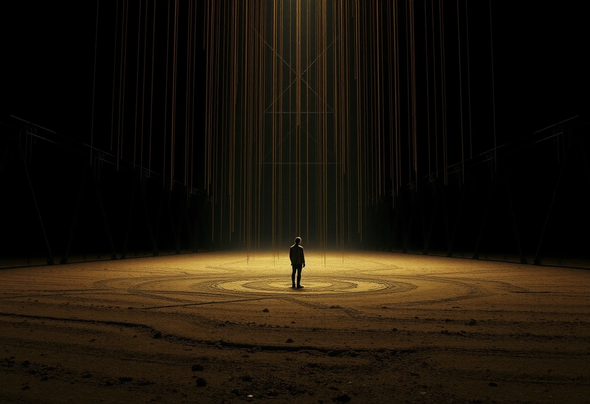 Enoch stands beneath narrow golden light in endless darkness
