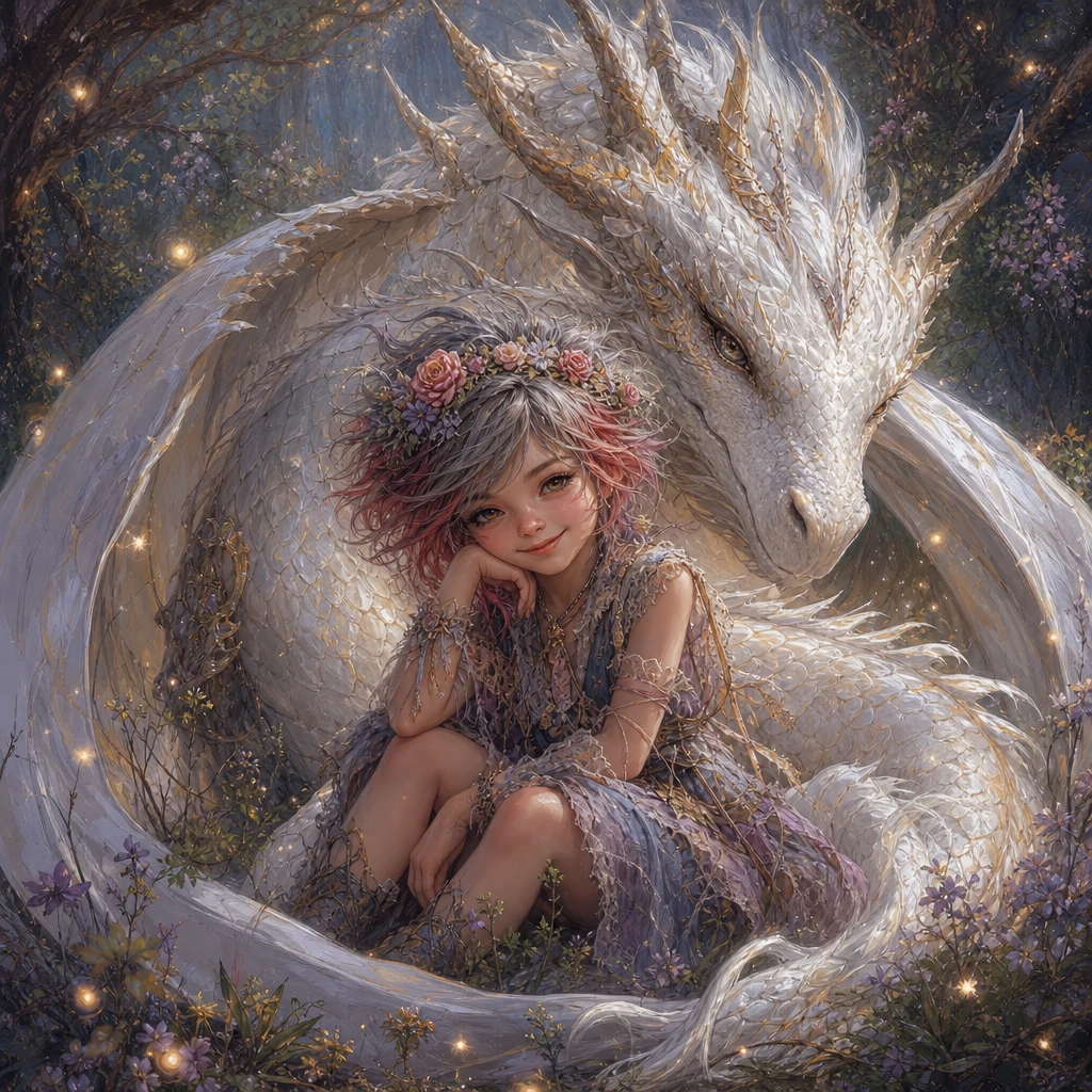 Young girl with white dragon in magical forest clearing