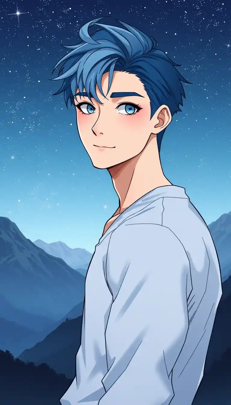 Blue haired young man in mountains under starry night sky
