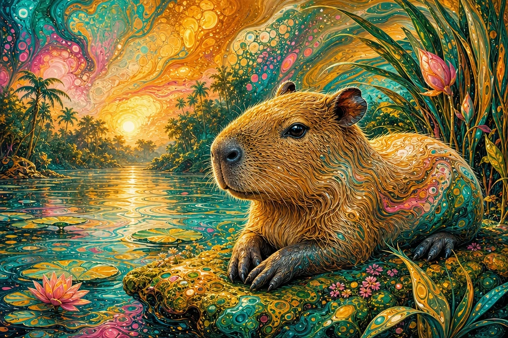 Colorful acrylic capybara resting by a lush wetland riverbank