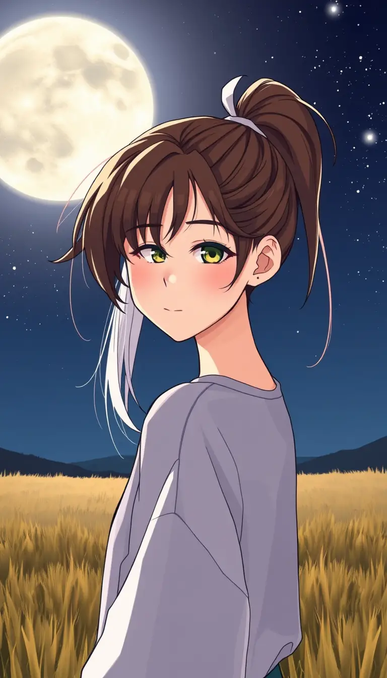Confident girl in manhwa style under a bright moonlit sky
