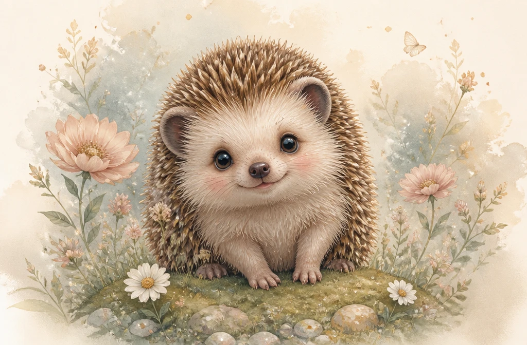 Adorable bebé erizo sobre el césped en una suave ilustración infantil