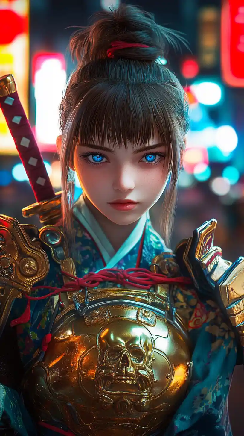 Anime samurai girl in golden armor on neon city street