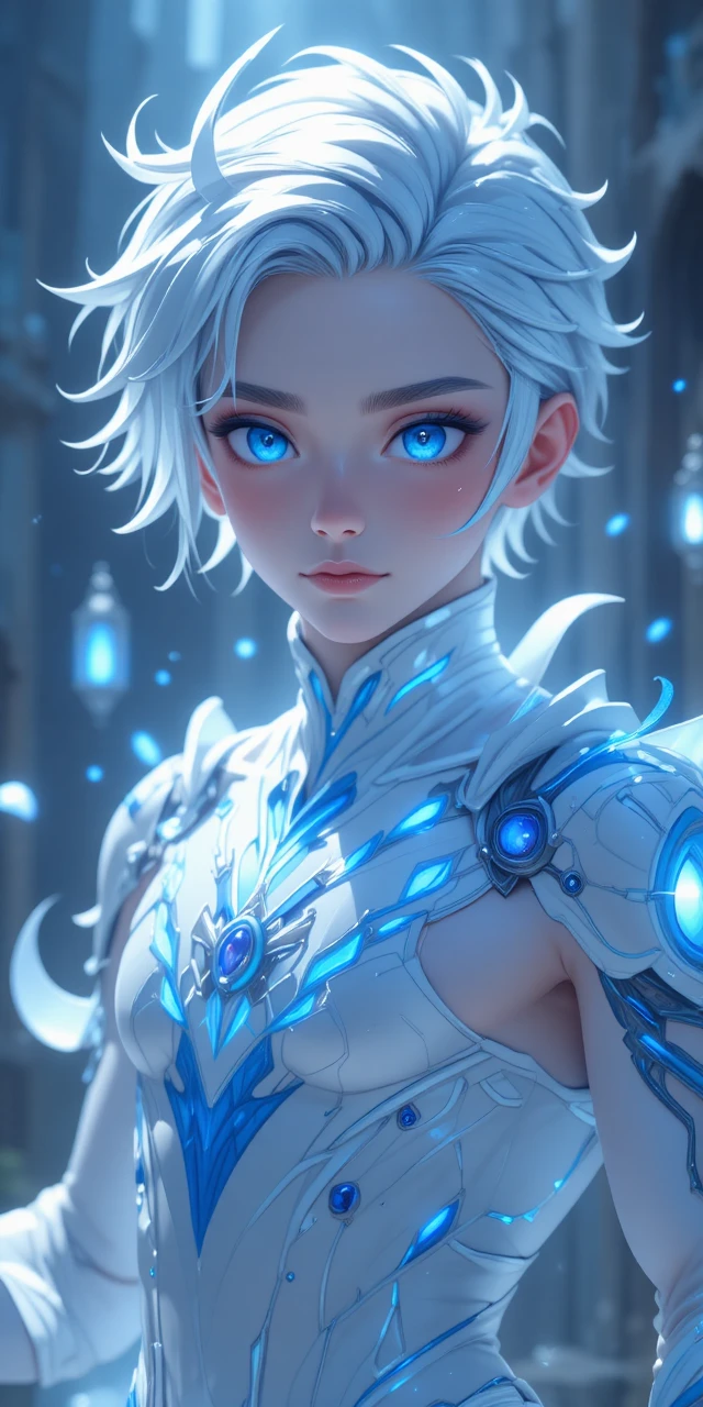 White haired anime man with glowing blue portals