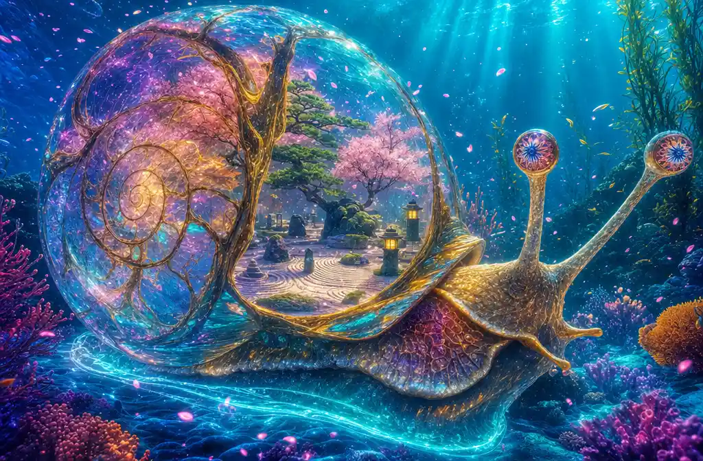 Golden ethereal snail gliding through enchanted coral reef