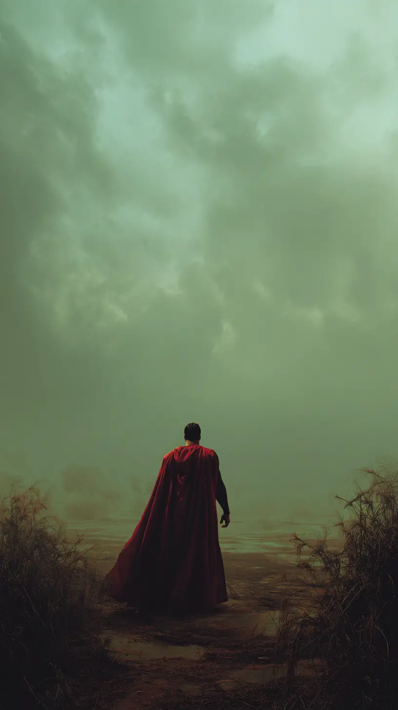 Faceless man standing alone in a desolate oasis
