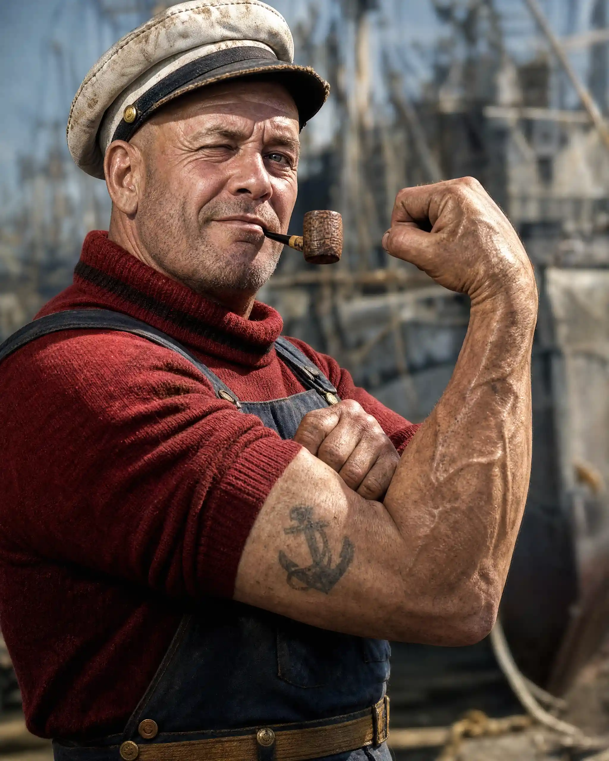 Portrait de Marin Rugueux au Bras Fléchi dans un Chantier Naval