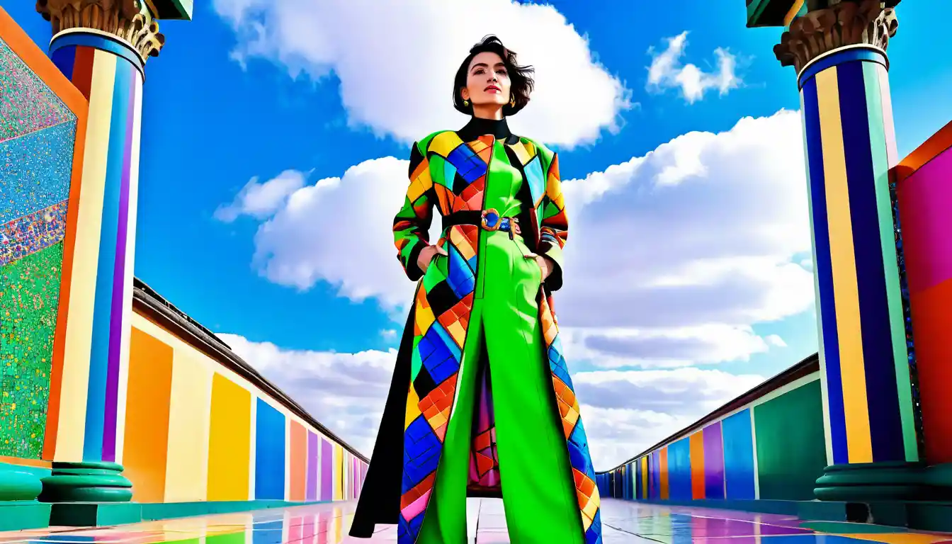Woman in ornate mosaic coat on colorful patterned floor