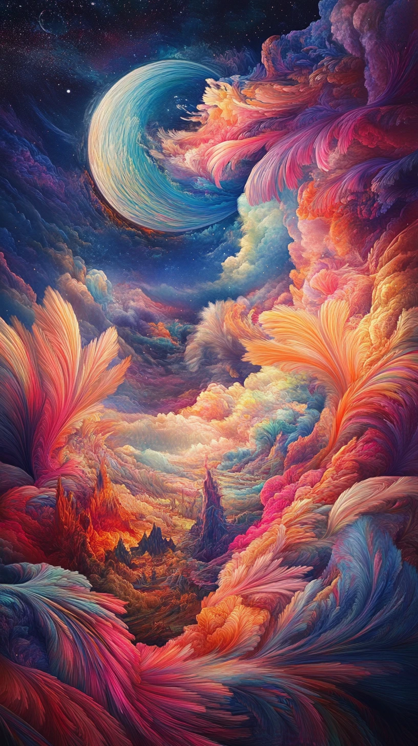 Surreal storm of glowing feathers swirling across the sky