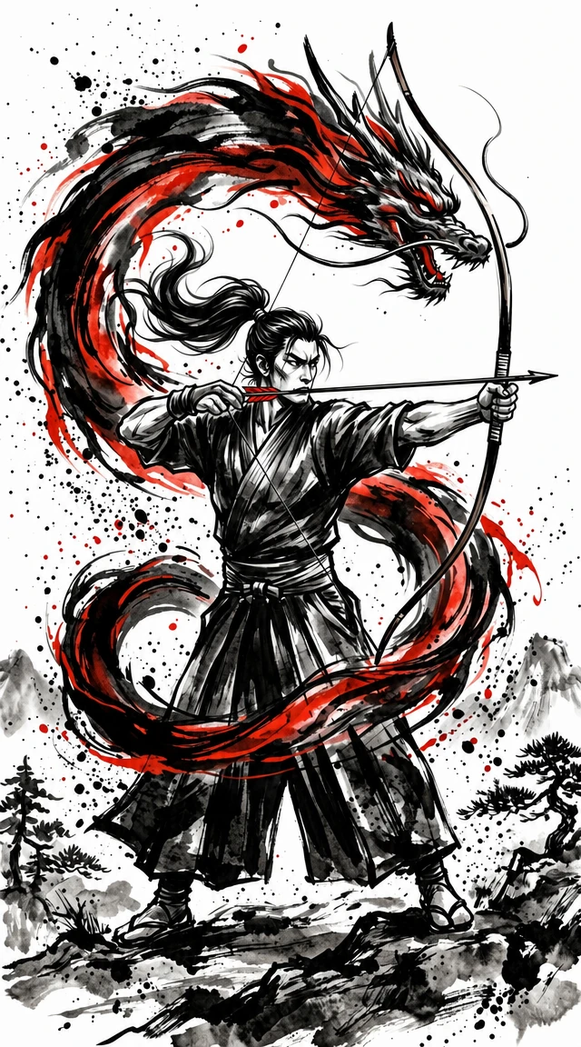 Ink painting of a male archer with swirling dragon like strokes