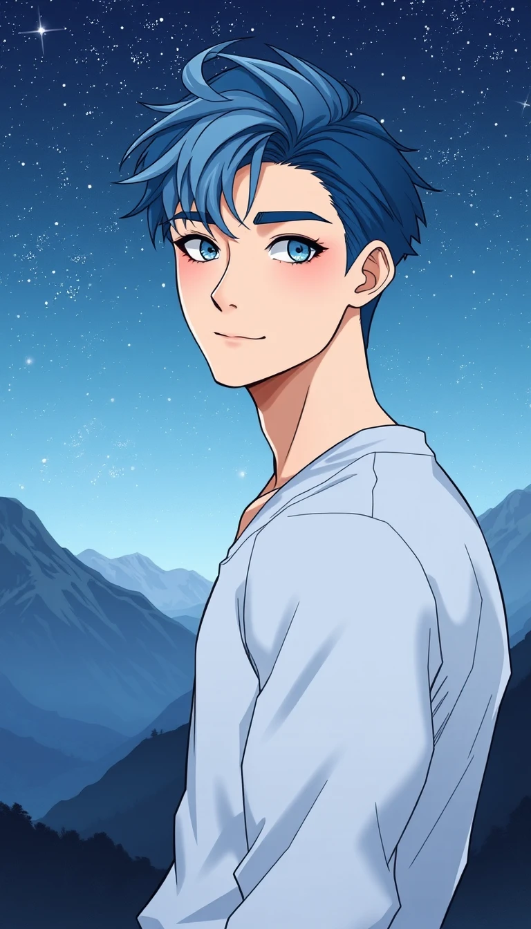 Blue haired young man in mountains under starry night sky