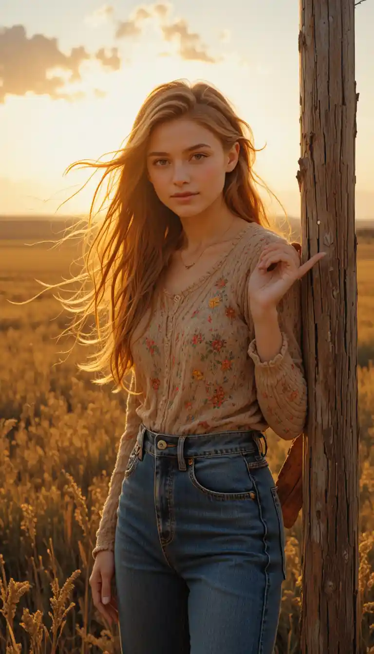 Young woman on a sunlit prairie farm at golden hour