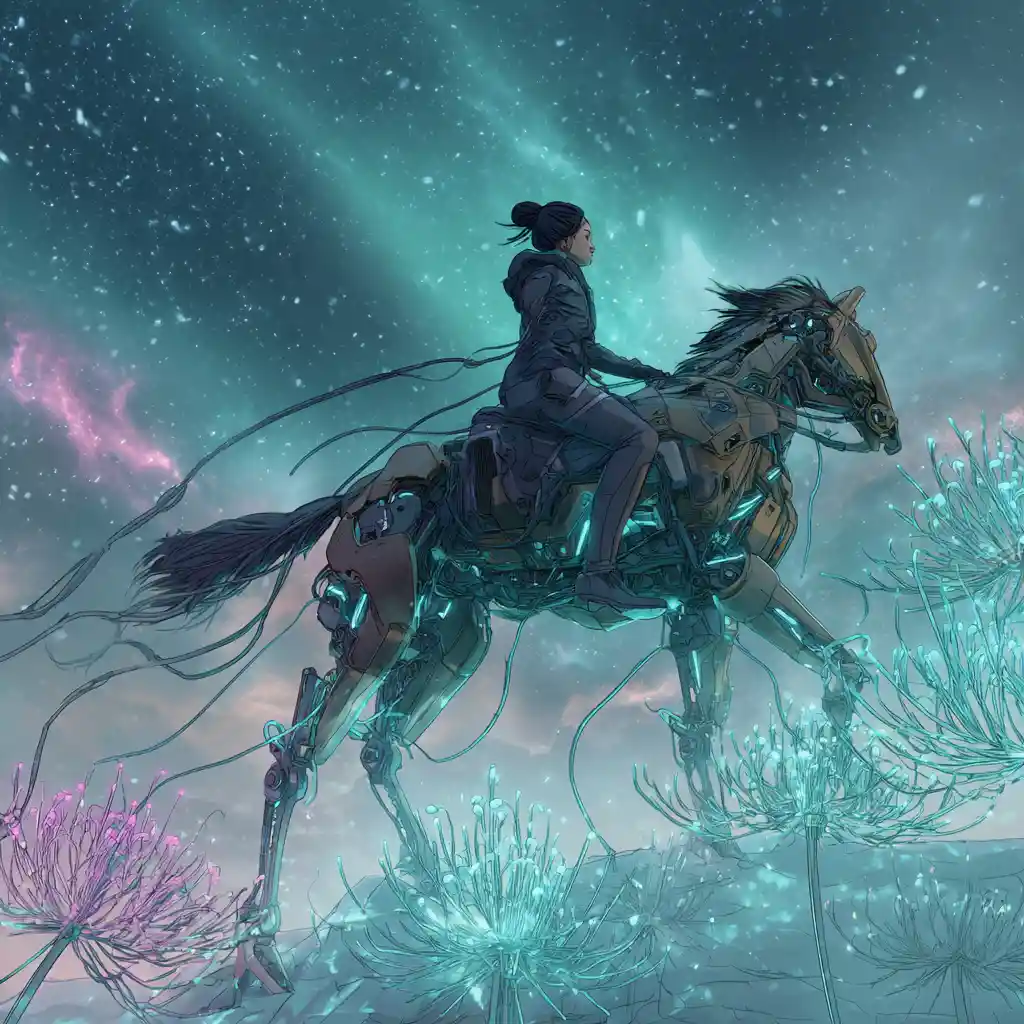 Cyberpunk warrior woman riding robotic horse toward alien bloom