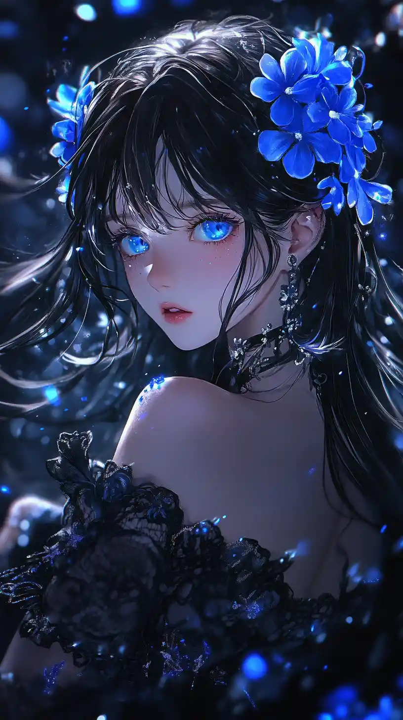 Anime girl with glowing blue flowers in dark void