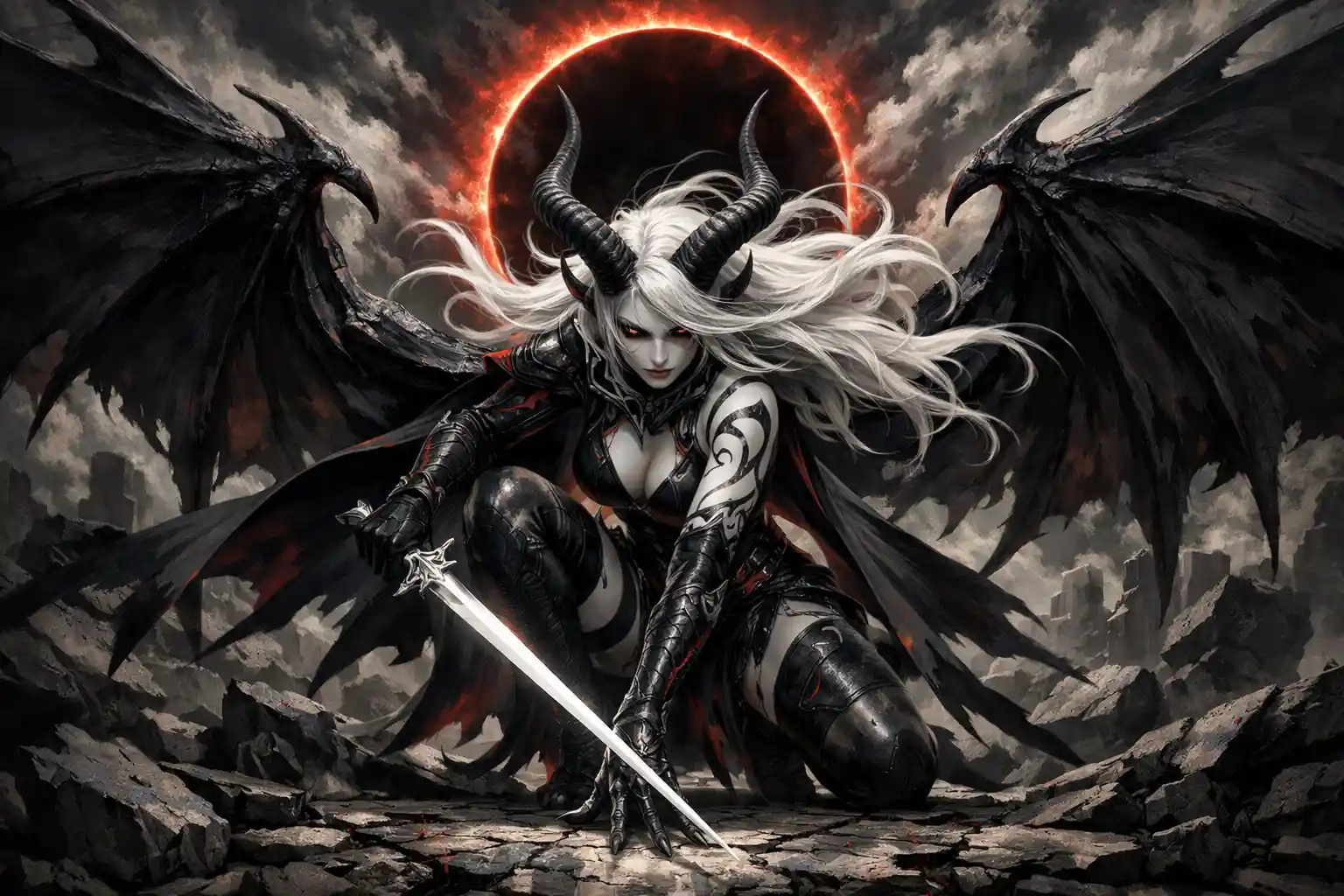 Ethereal demon heroine with wings in shattered stone landscape
