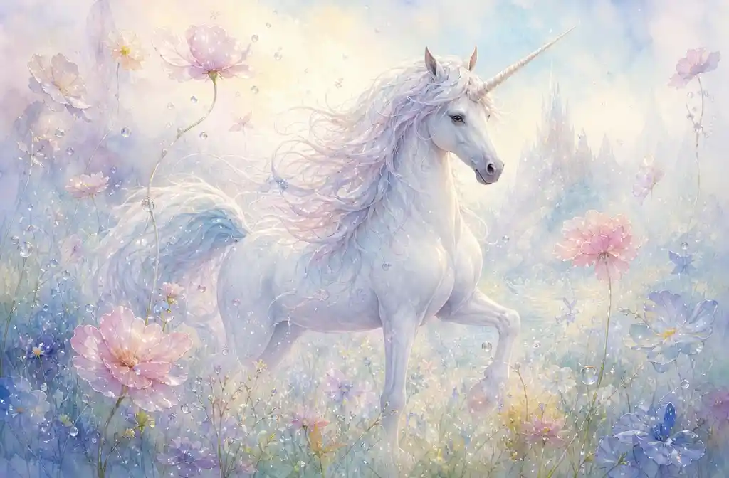 Dreamy watercolor unicorn in a misty enchanted meadow
