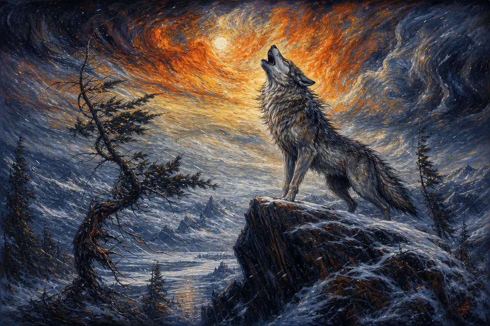 Expressionist wolf howling on a windswept rocky outcrop
