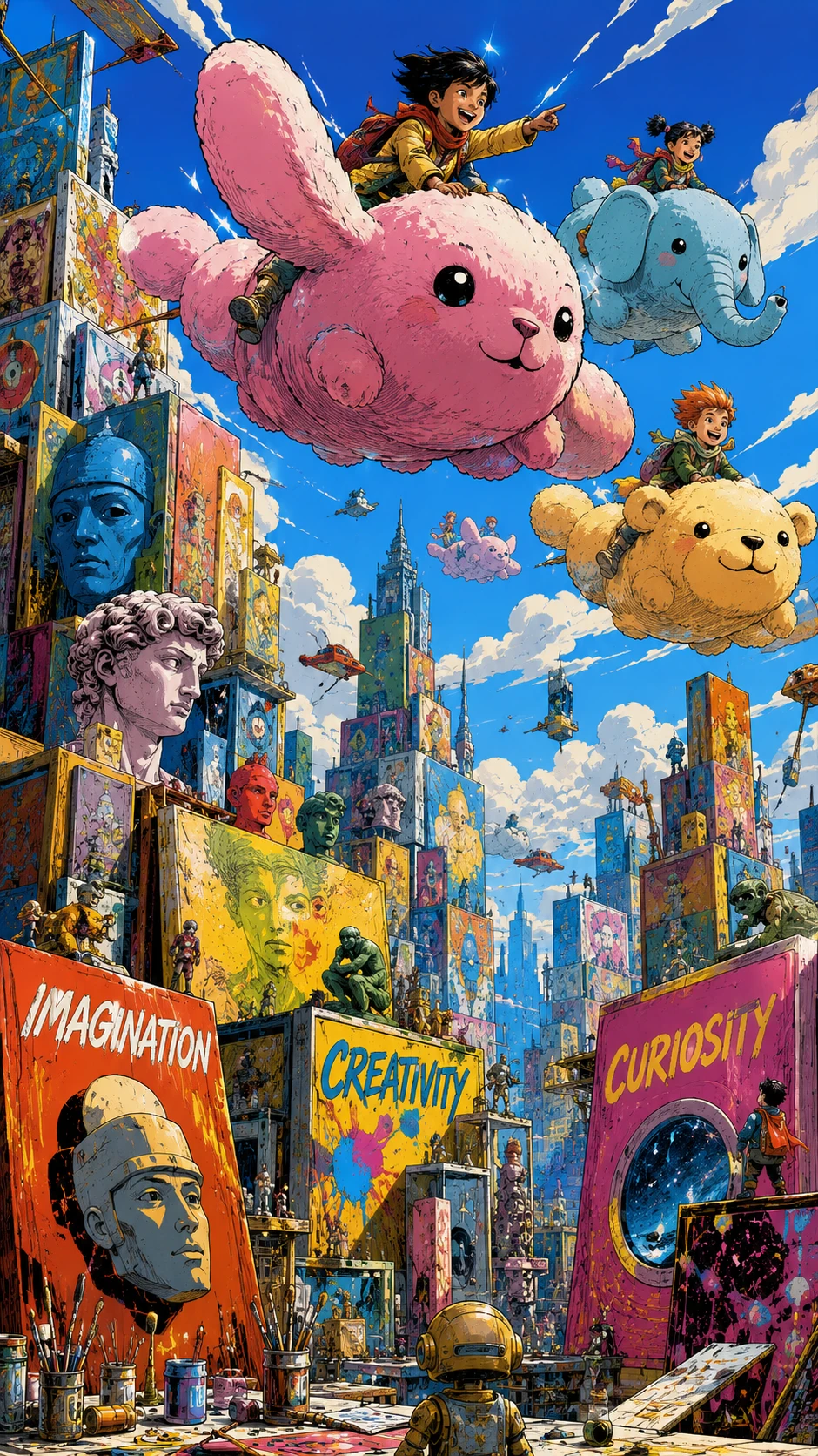 Children Riding Plush Clouds Above a Canvas City