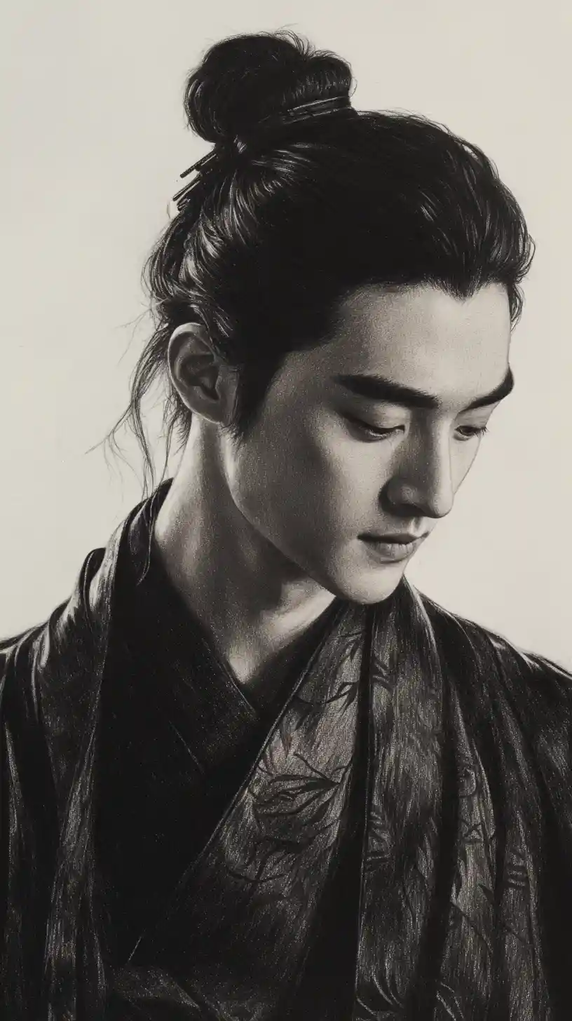 Contemplative Asian Man In Traditional Robes Charcoal Portrait