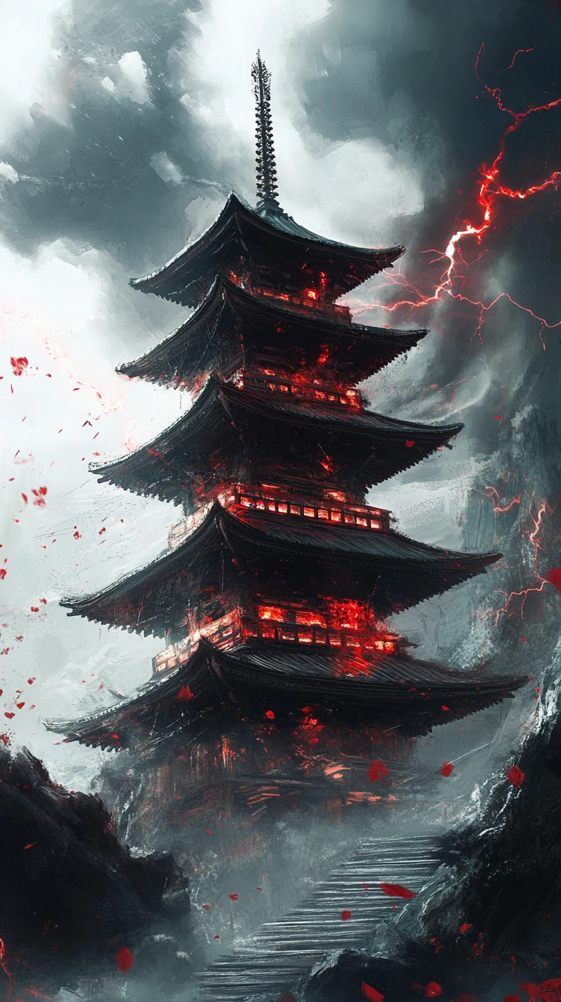 Ominous glowing pagoda consumed by swirling dark energy