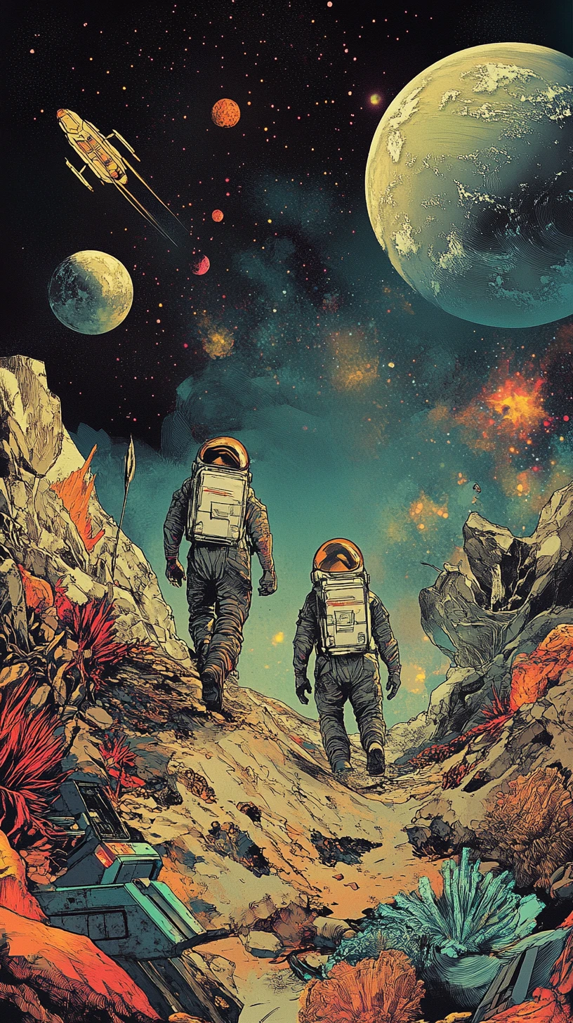 Astronauts Crossing An Alien World In Retro Comic Style