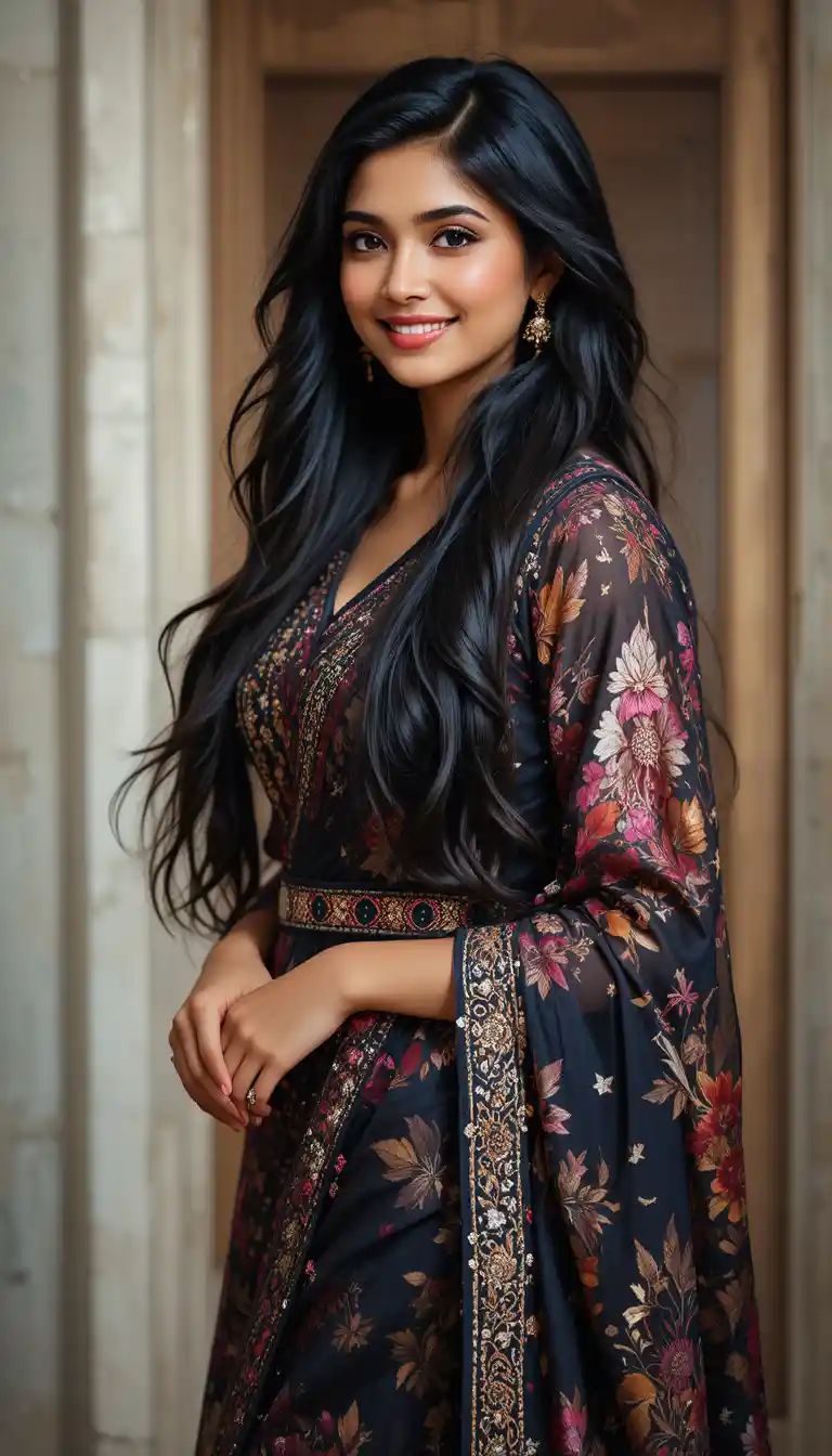 Elegant Indian woman in fusion traditional modern outfit