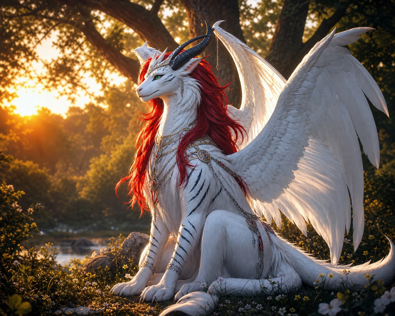 White dragon angel hybrid in a sunlit forest clearing