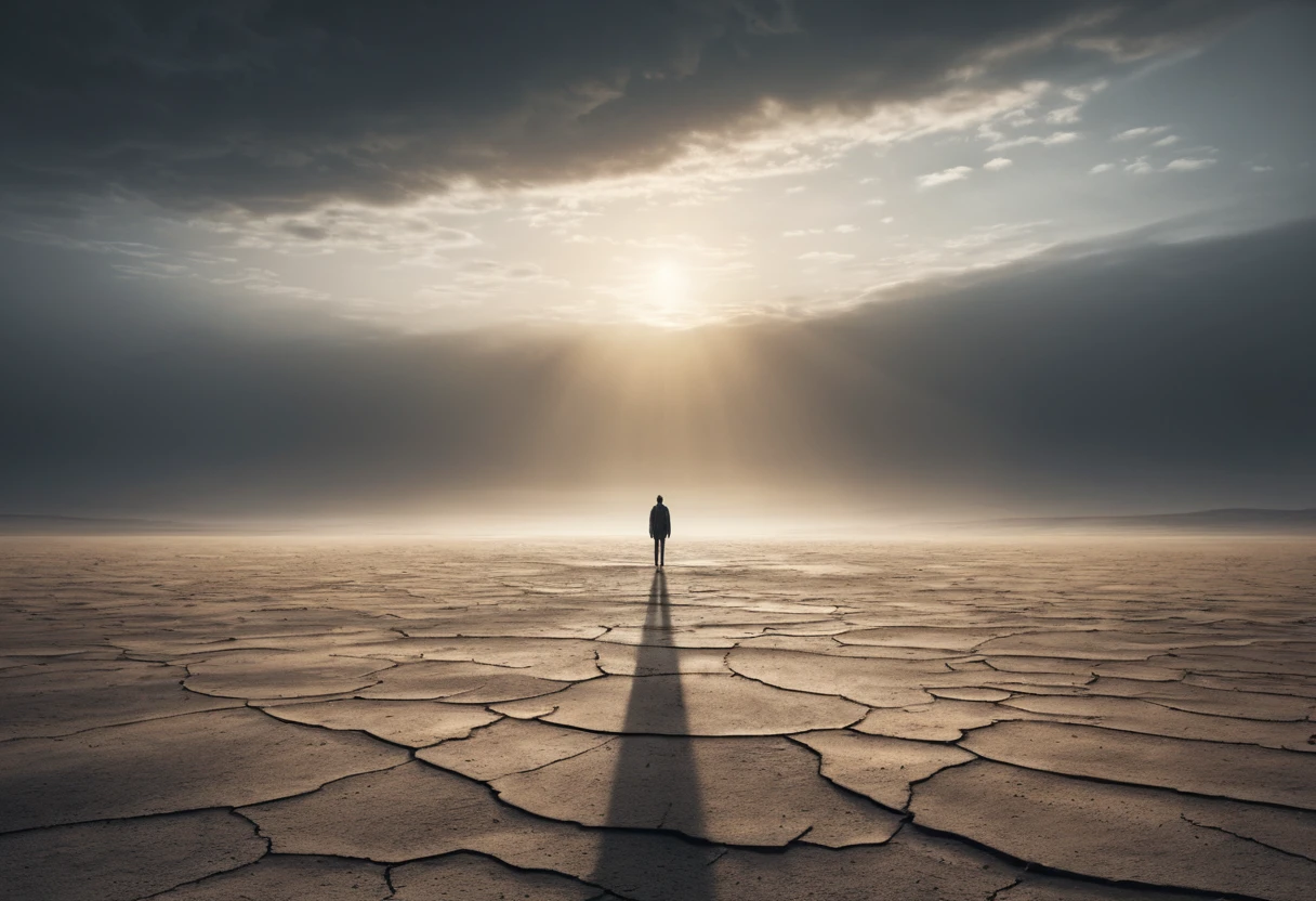 Solitary figure at the edge of a vast grey wasteland