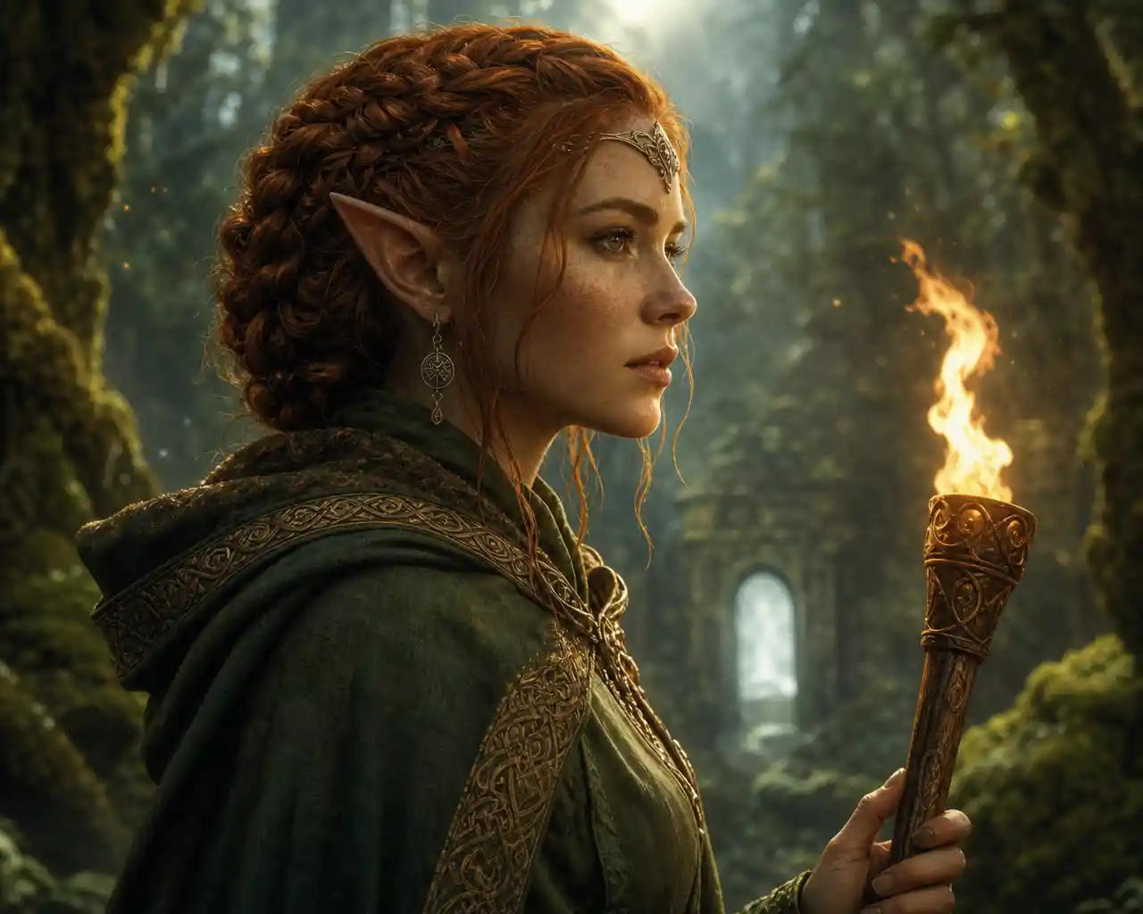 Celtic elf woman with torch in a mossy forest
