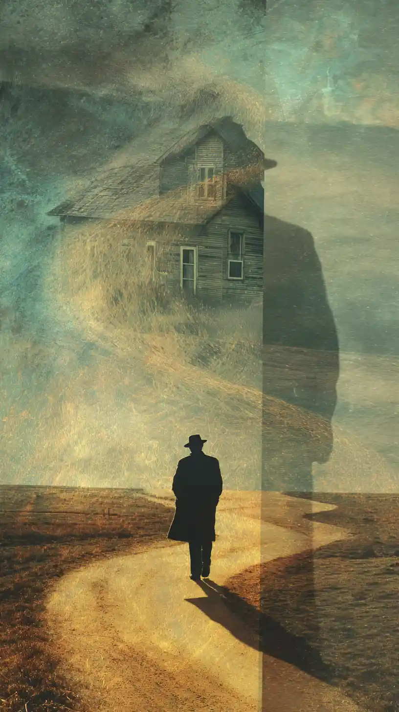 Solitary figure drifting forward at a crossroads of time