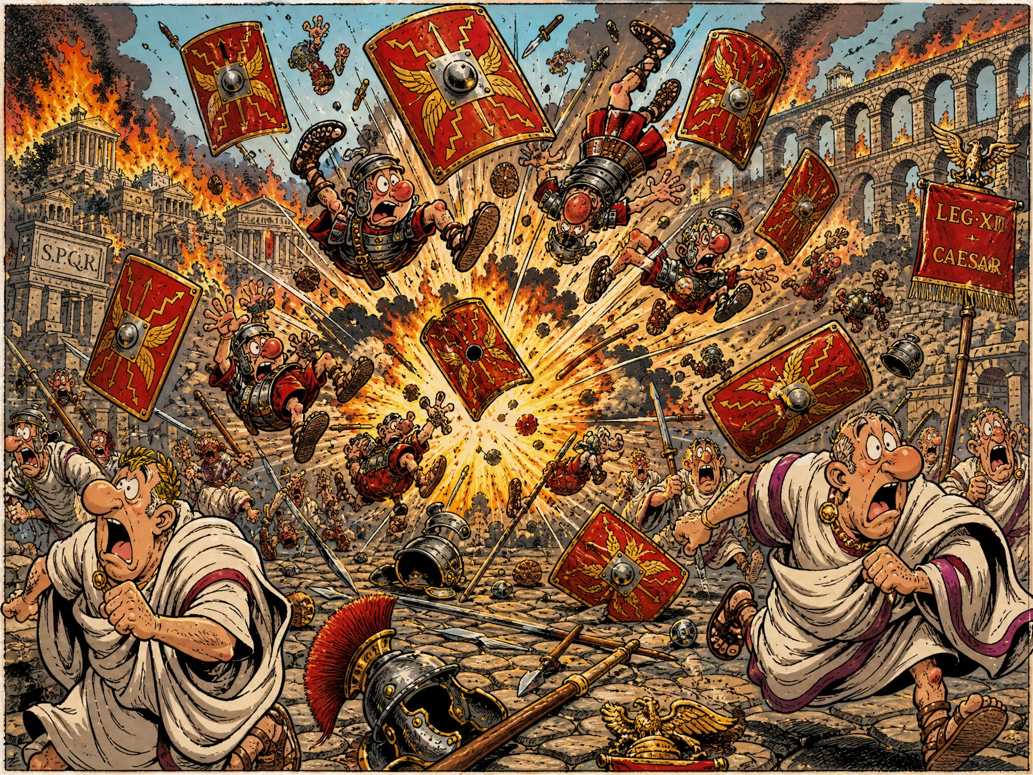 Comic chaos as roman testudo explodes over burning city