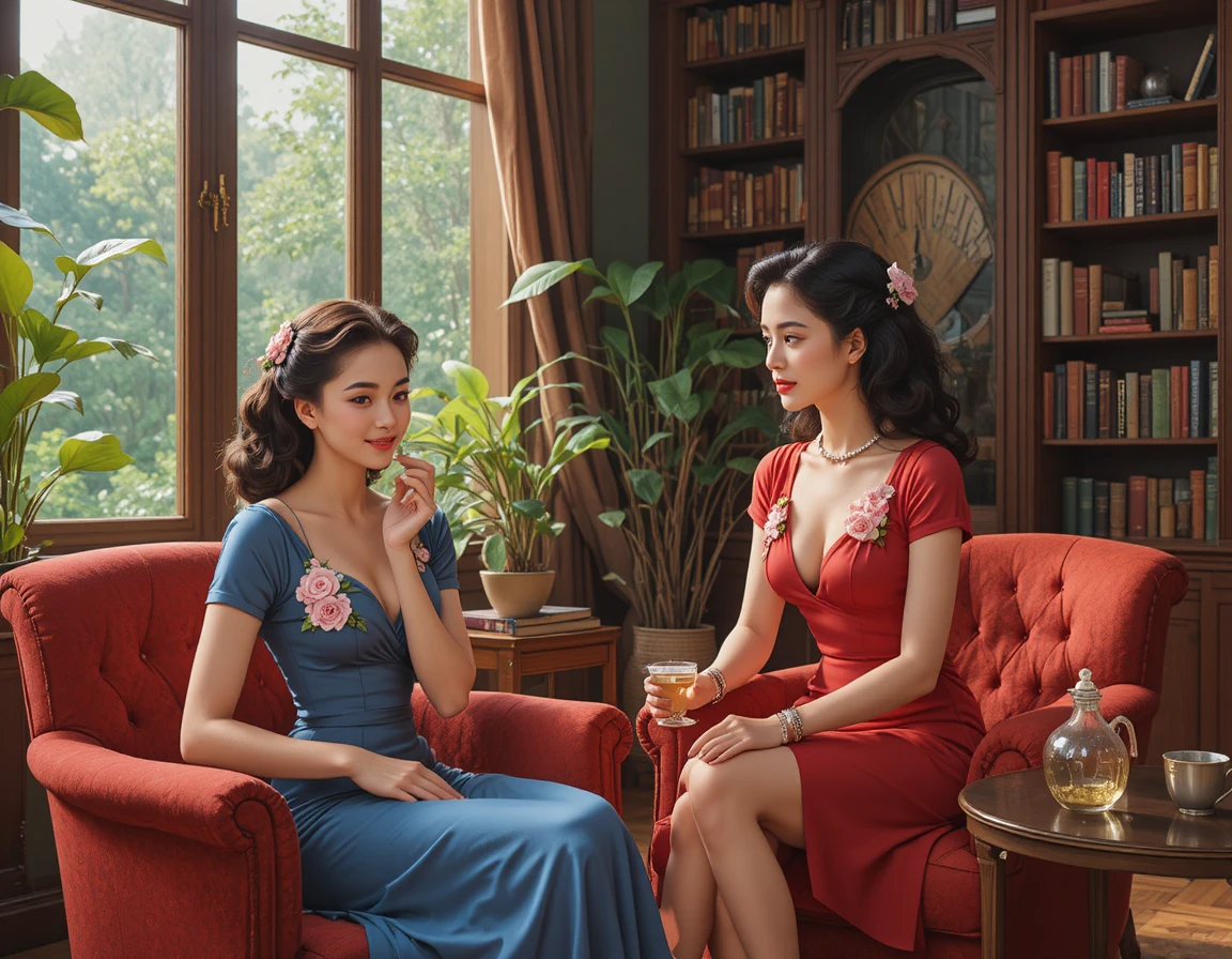 Elegant 1940s women sharing tea in a cozy living room