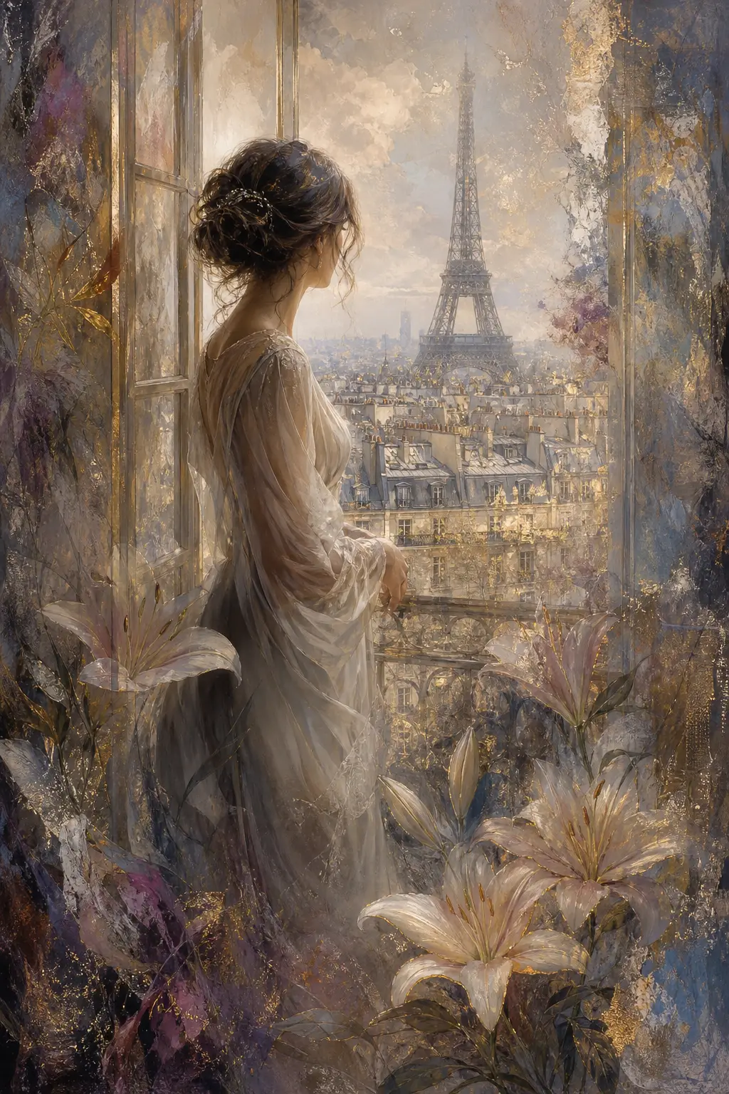 Elegante Frau am Pariser Fenster mit Blick auf den leuchtenden Eiffelturm