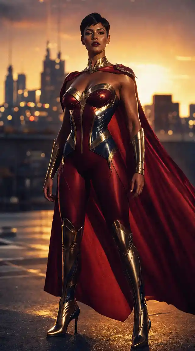 Superhero inspired fashion woman in urban parking lot