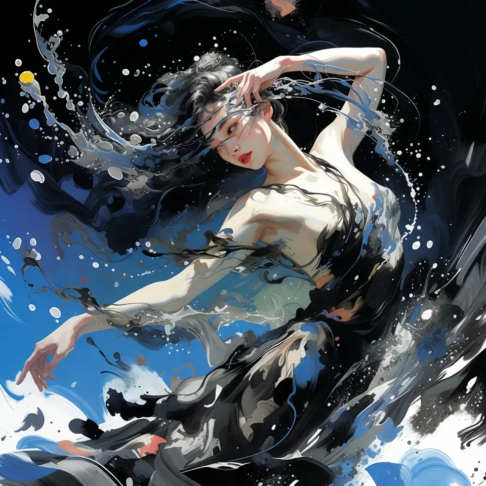 Chinese woman dancing in flowing ink and light