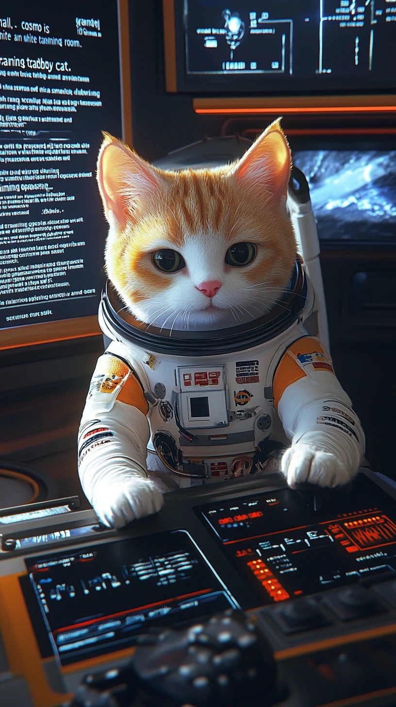 3D cat astronaut trainee at a high tech control console