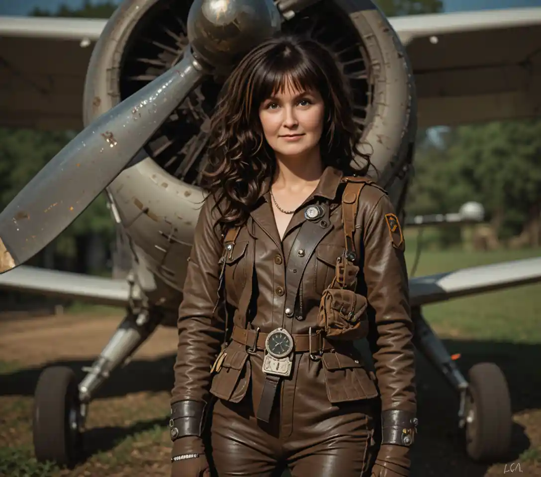 Female jungle pilot posing with propeller aircraft